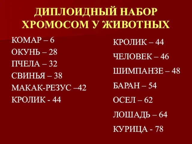 ДИПЛОИДНЫЙ НАБОР ХРОМОСОМ У ЖИВОТНЫХ КОМАР – 6 ОКУНЬ – 28 ПЧЕЛА