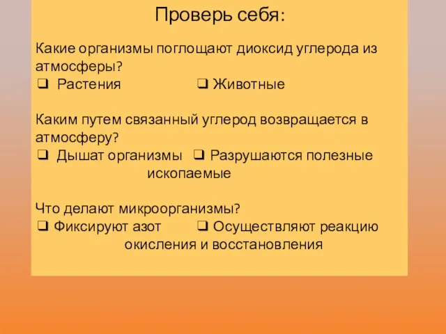 Проверь себя: Какие организмы поглощают диоксид углерода из атмосферы? ❑ Растения ❑