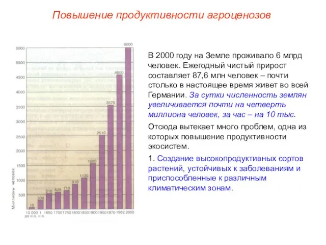 Повышение продуктивности агроценозов В 2000 году на Земле проживало 6 млрд человек.