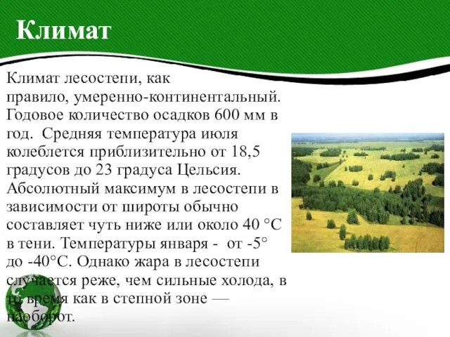 Климат Климат лесостепи, как правило, умеренно-континентальный. Годовое количество осадков 600 мм в