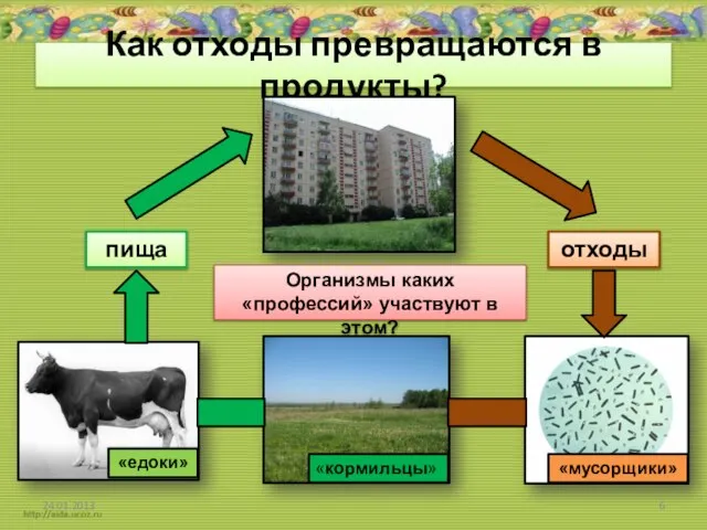 Как отходы превращаются в продукты? отходы пища Организмы каких «профессий» участвуют в этом? «мусорщики» «кормильцы» «едоки»