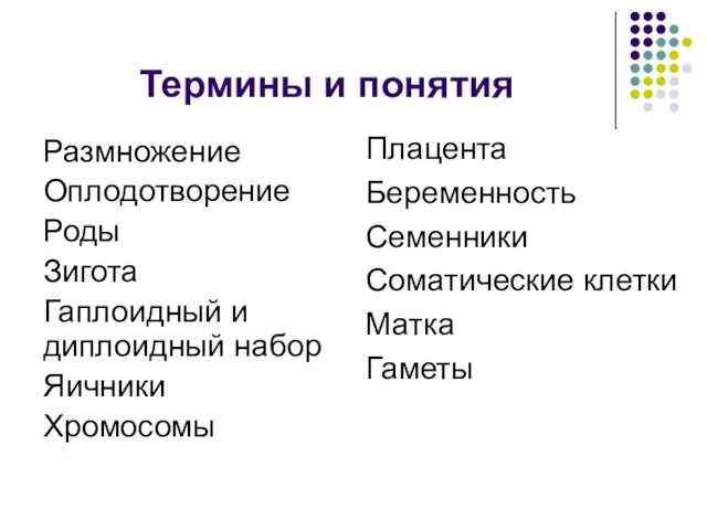 Термины и понятия Размножение Оплодотворение Роды Зигота Гаплоидный и диплоидный набор Яичники