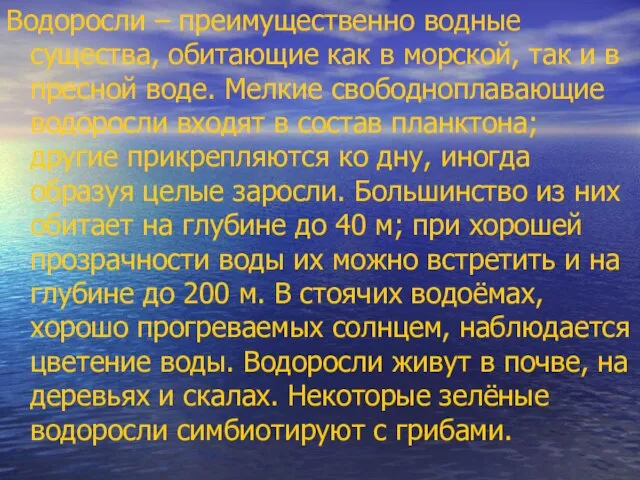 Водоросли – преимущественно водные существа, обитающие как в морской, так и в