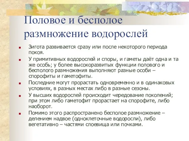 Половое и бесполое размножение водорослей Зигота развивается сразу или после некоторого периода