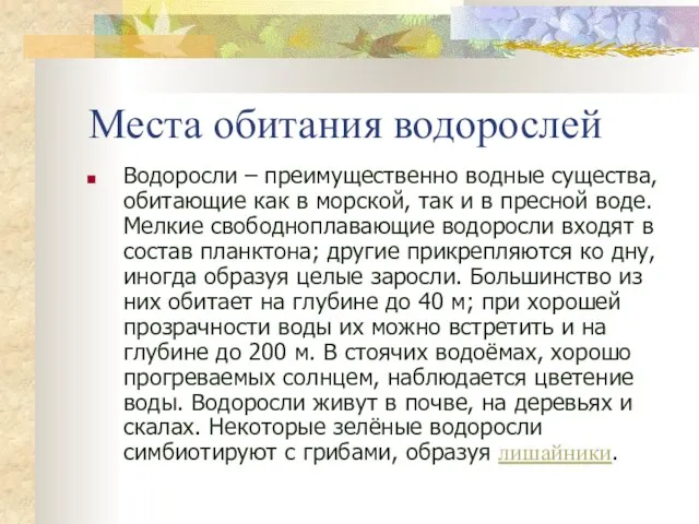 Места обитания водорослей Водоросли – преимущественно водные существа, обитающие как в морской,