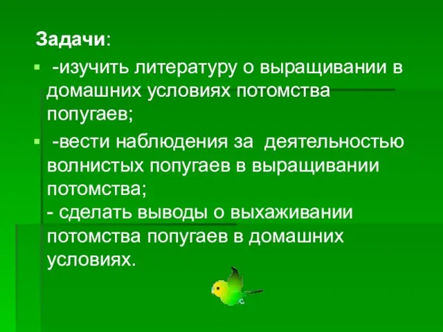 Задачи: -изучить литературу о выращивании в домашних условиях потомства попугаев; -вести наблюдения