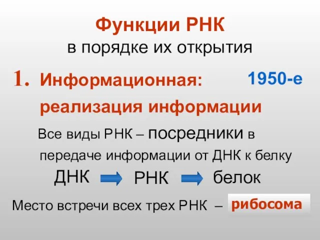 Функции РНК в порядке их открытия Информационная: реализация информации Все виды РНК