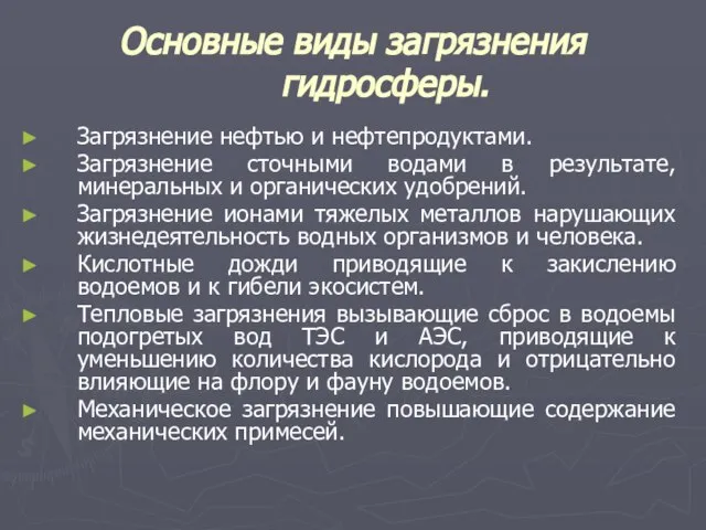 Основные виды загрязнения гидросферы. Загрязнение нефтью и нефтепродуктами. Загрязнение сточными водами в