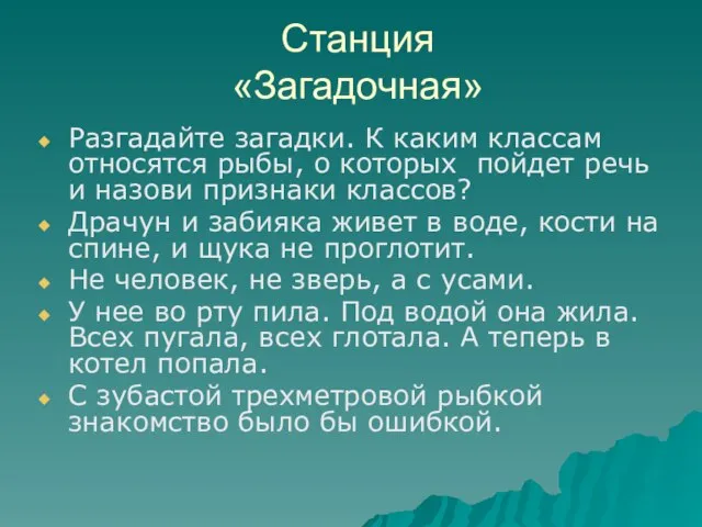 Станция «Загадочная» Разгадайте загадки. К каким классам относятся рыбы, о которых пойдет