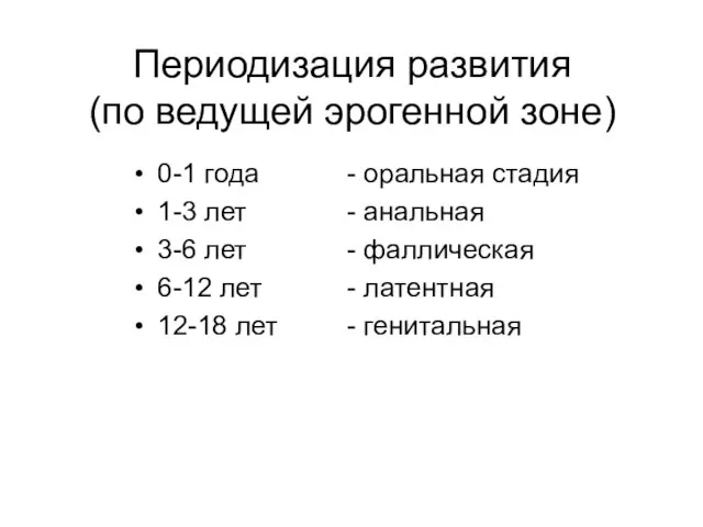 Периодизация развития (по ведущей эрогенной зоне) 0-1 года 1-3 лет 3-6 лет