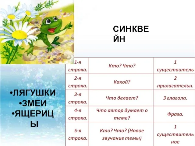 СИНКВЕЙН ЛЯГУШКИ ЗМЕИ ЯЩЕРИЦЫ