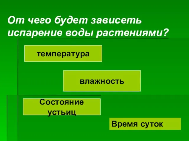 От чего будет зависеть испарение воды растениями? температура влажность Состояние устьиц Время суток