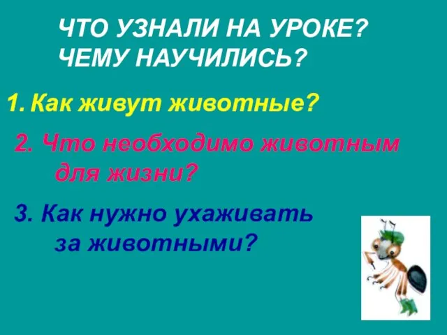 ЧТО УЗНАЛИ НА УРОКЕ? ЧЕМУ НАУЧИЛИСЬ? Как живут животные? 2. Что необходимо