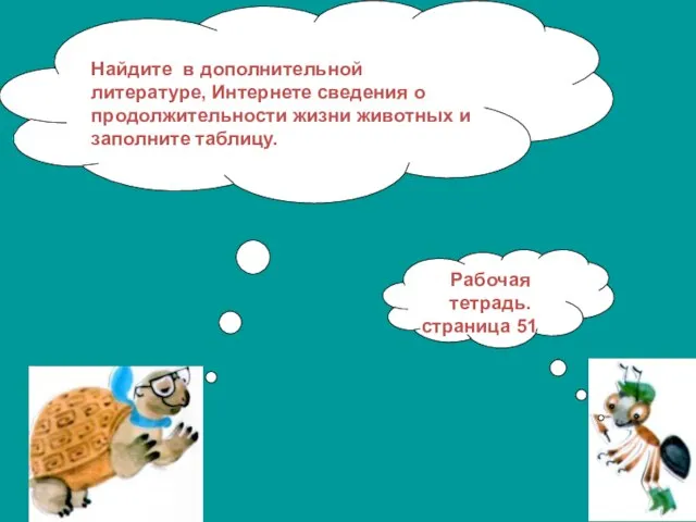 Найдите в дополнительной литературе, Интернете сведения о продолжительности жизни животных и заполните