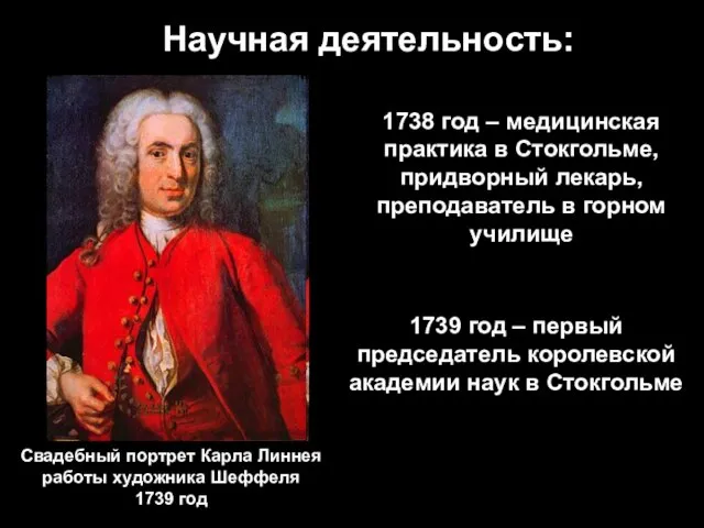 Научная деятельность: 1738 год – медицинская практика в Стокгольме, придворный лекарь, преподаватель