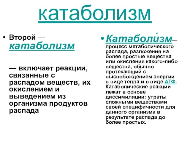 катаболизм Второй — катаболизм — включает реакции, связанные с распадом веществ, их