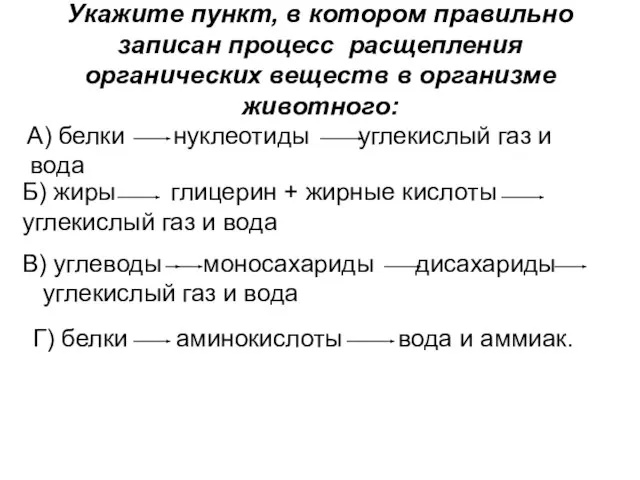 Укажите пункт, в котором правильно записан процесс расщепления органических веществ в организме