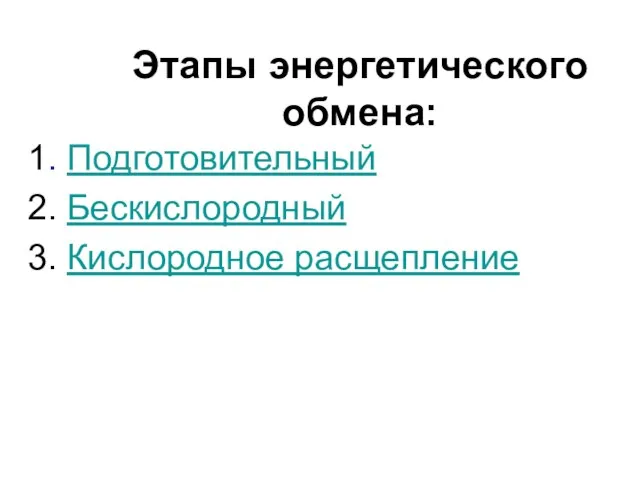 Этапы энергетического обмена: 1. Подготовительный 2. Бескислородный 3. Кислородное расщепление