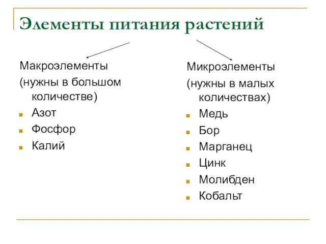 Элементы питания растений Макроэлементы (нужны в большом количестве) Азот Фосфор Калий Микроэлементы