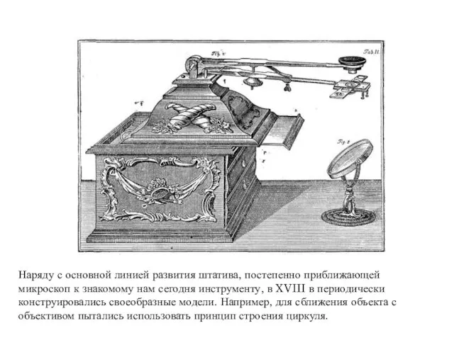 Наряду с основной линией развития штатива, постепенно приближающей микроскоп к знакомому нам