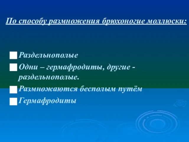 По способу размножения брюхоногие моллюски: Раздельнополые Одни – гермафродиты, другие - раздельнополые. Размножаются бесполым путём Гермафродиты