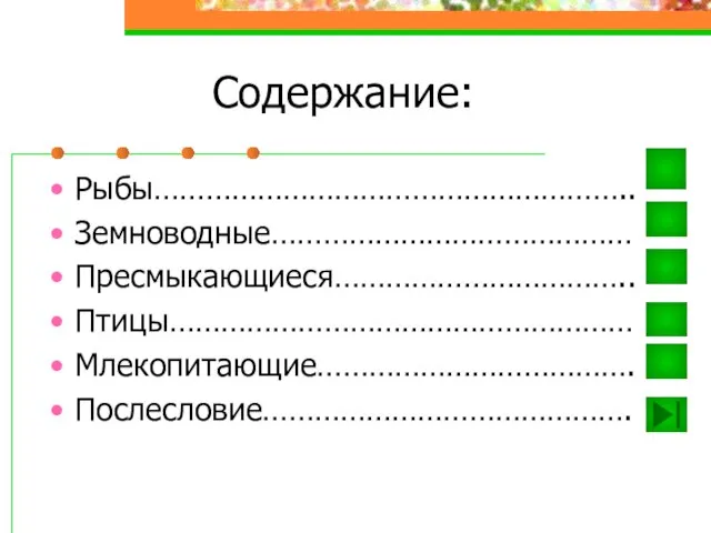 Содержание: Рыбы……………………………………………….. Земноводные…………………………………… Пресмыкающиеся…………………………….. Птицы……………………………………………… Млекопитающие………………………………. Послесловие…………………………………….