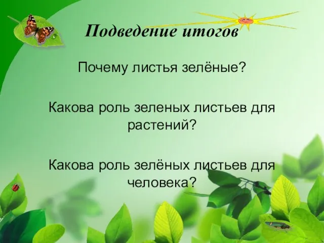 Подведение итогов Почему листья зелёные? Какова роль зеленых листьев для растений? Какова