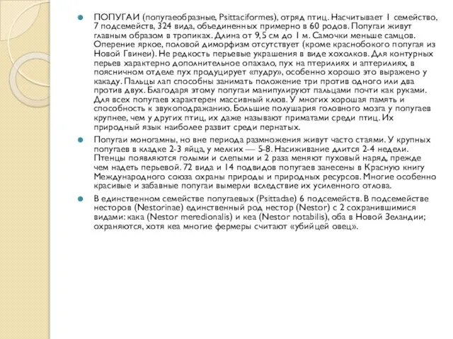 ПОПУГАИ (попугаеобразные, Psittaciformes), отряд птиц. Насчитывает 1 семейство, 7 подсемейств, 324 вида,