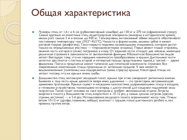 Общая характеристика Размеры птиц от 1,6 г и 6 см (рубиновогорлый колибри)