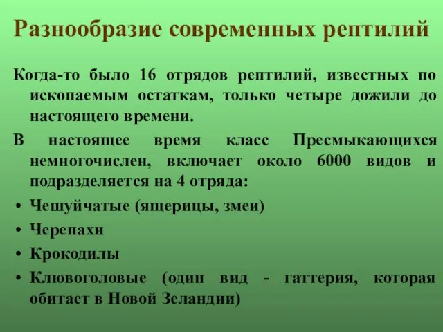 Разнообразие современных рептилий Когда-то было 16 отрядов рептилий, известных по ископаемым остаткам,