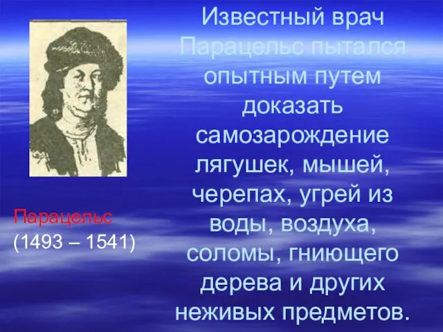 Известный врач Парацельс пытался опытным путем доказать самозарождение лягушек, мышей, черепах, угрей