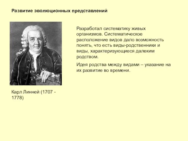 Развитие эволюционных представлений Разработал систематику живых организмов. Систематическое расположение видов дало возможность