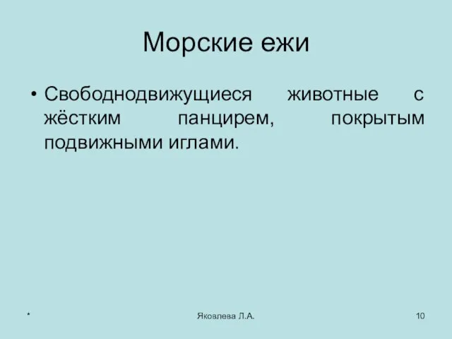 * Яковлева Л.А. Морские ежи Свободнодвижущиеся животные с жёстким панцирем, покрытым подвижными иглами.