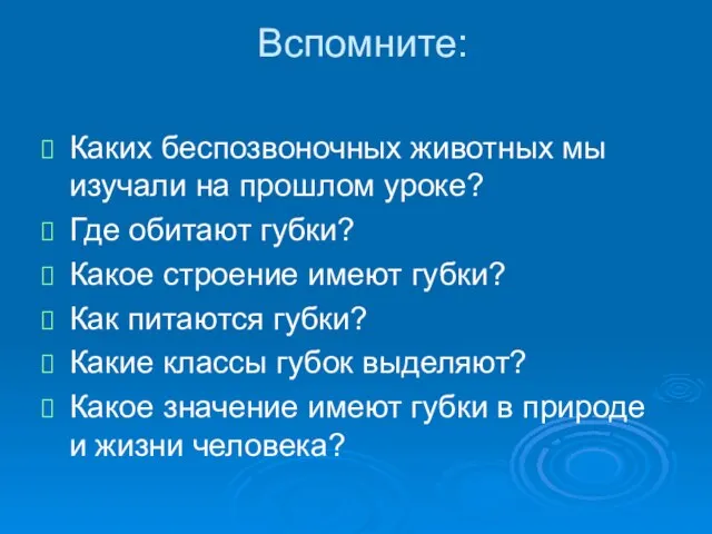 Вспомните: Каких беспозвоночных животных мы изучали на прошлом уроке? Где обитают губки?