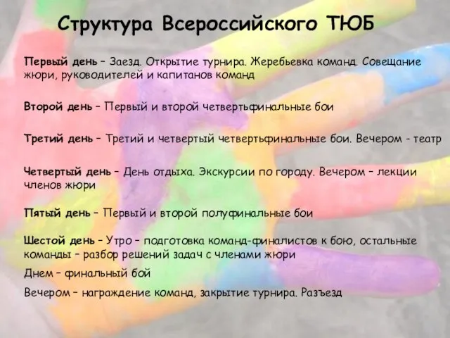 Структура Всероссийского ТЮБ Первый день – Заезд. Открытие турнира. Жеребьевка команд. Совещание