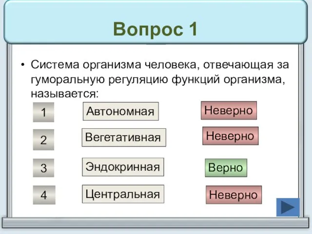 Вопрос 1 Система организма человека, отвечающая за гуморальную регуляцию функций организма, называется: