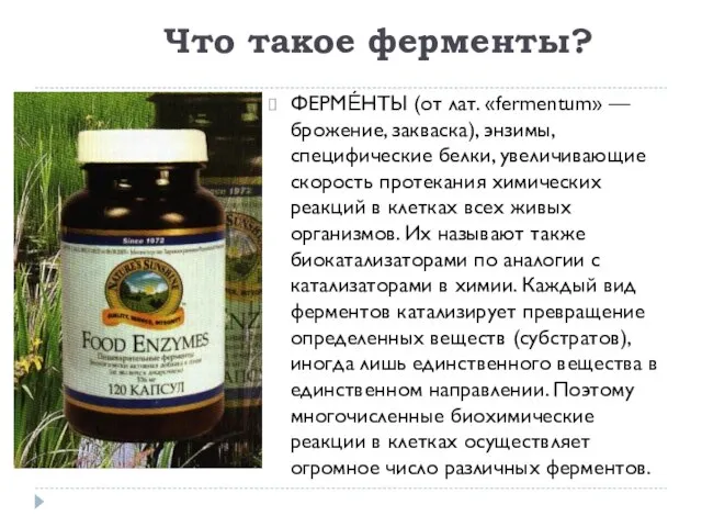 Что такое ферменты? ФЕРМЕ́НТЫ (от лат. «fermentum» — брожение, закваска), энзимы, специфические