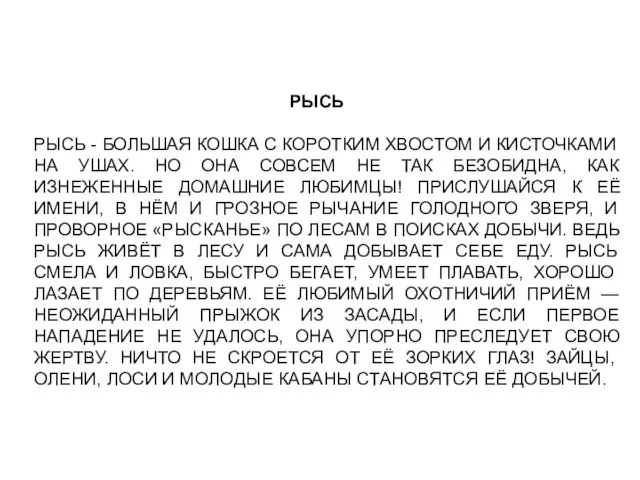 РЫСЬ РЫСЬ - БОЛЬШАЯ КОШКА С КОРОТКИМ ХВОСТОМ И КИСТОЧКАМИ НА УШАХ.