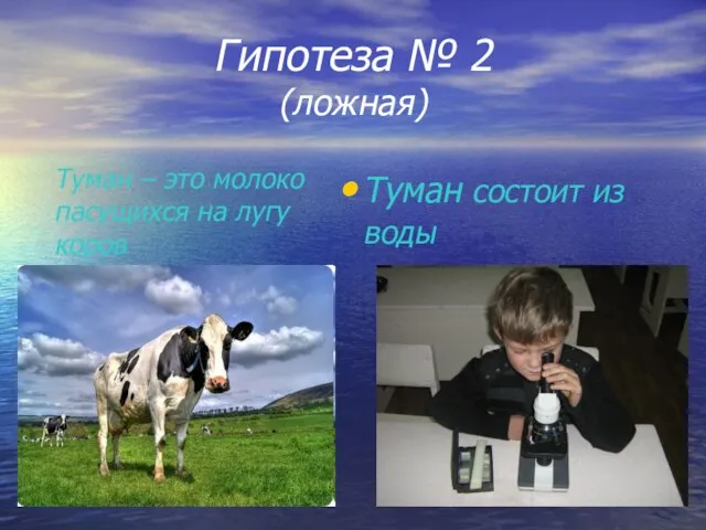 Гипотеза № 2 (ложная) Туман состоит из воды Туман – это молоко пасущихся на лугу коров