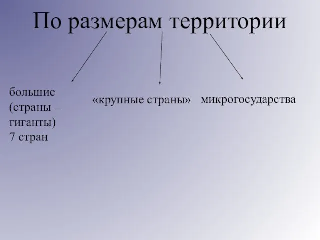 По размерам территории большие (страны – гиганты) 7 стран «крупные страны» микрогосударства