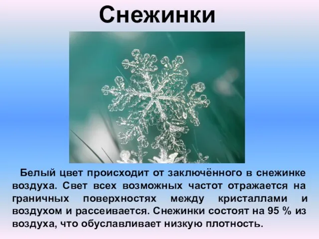 Снежинки Белый цвет происходит от заключённого в снежинке воздуха. Свет всех возможных