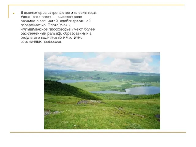 В высокогорье встречаются и плоскогорья. Улаганское плато — высокогорная равнина с волнистой,