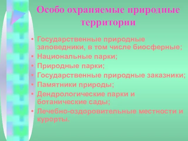 Особо охраняемые природные территории Государственные природные заповедники, в том числе биосферные; Национальные