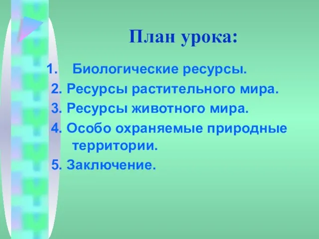 План урока: Биологические ресурсы. 2. Ресурсы растительного мира. 3. Ресурсы животного мира.