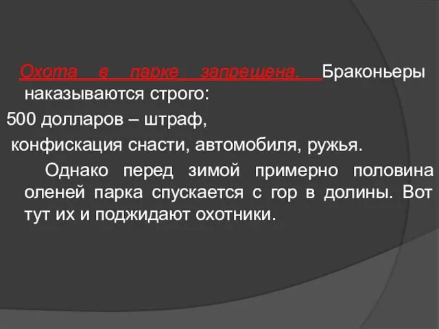 Охота в парке запрещена. Браконьеры наказываются строго: 500 долларов – штраф, конфискация