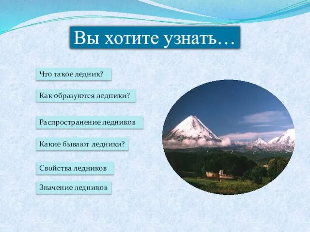 Вы хотите узнать… Что такое ледник? Как образуются ледники? Значение ледников Какие