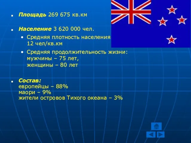 Площадь 269 675 кв.км Население 3 620 000 чел. Средняя плотность населения