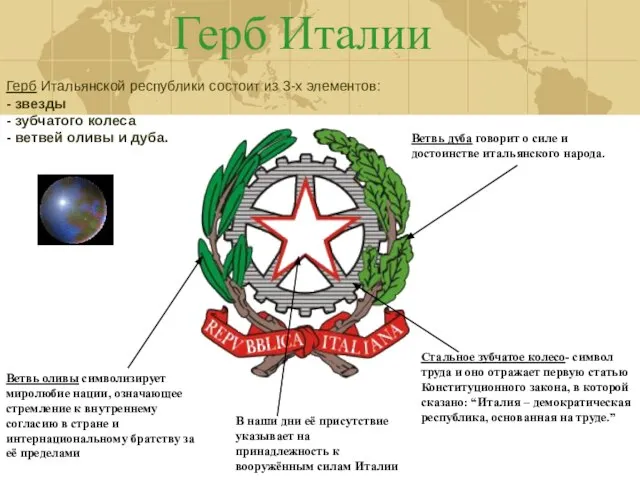 Герб Италии Стальное зубчатое колесо- символ труда и оно отражает первую статью