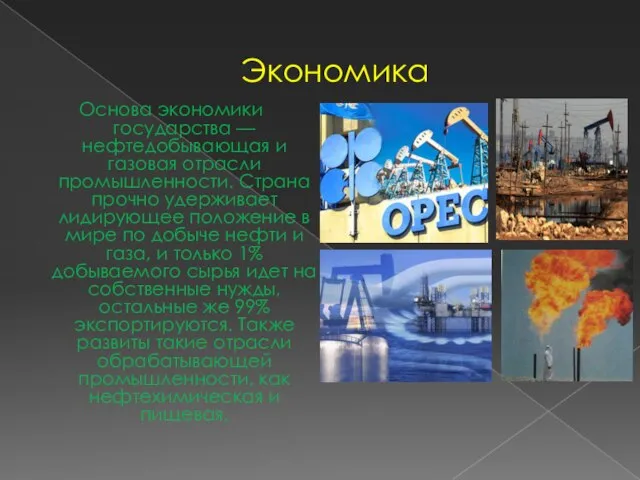 Экономика Основа экономики государства — нефтедобывающая и газовая отрасли промышленности. Страна прочно