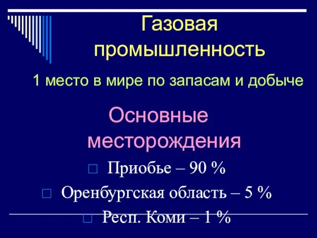 Основные месторождения Приобье – 90 % Оренбургская область – 5 % Респ.